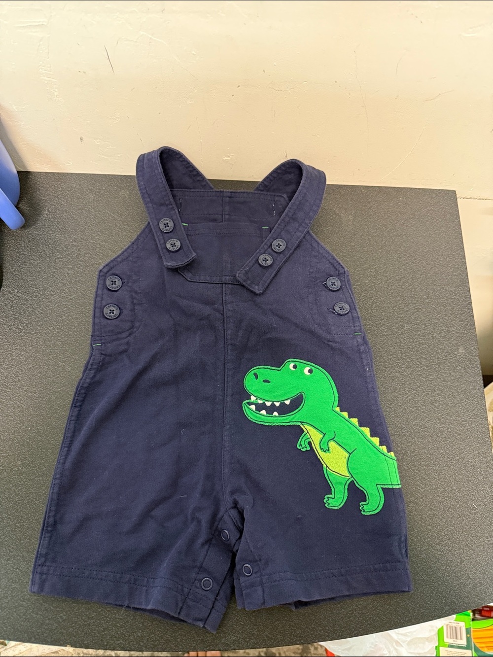 Carter's Navy Shortalls with Bright Green Dinosaur Applique